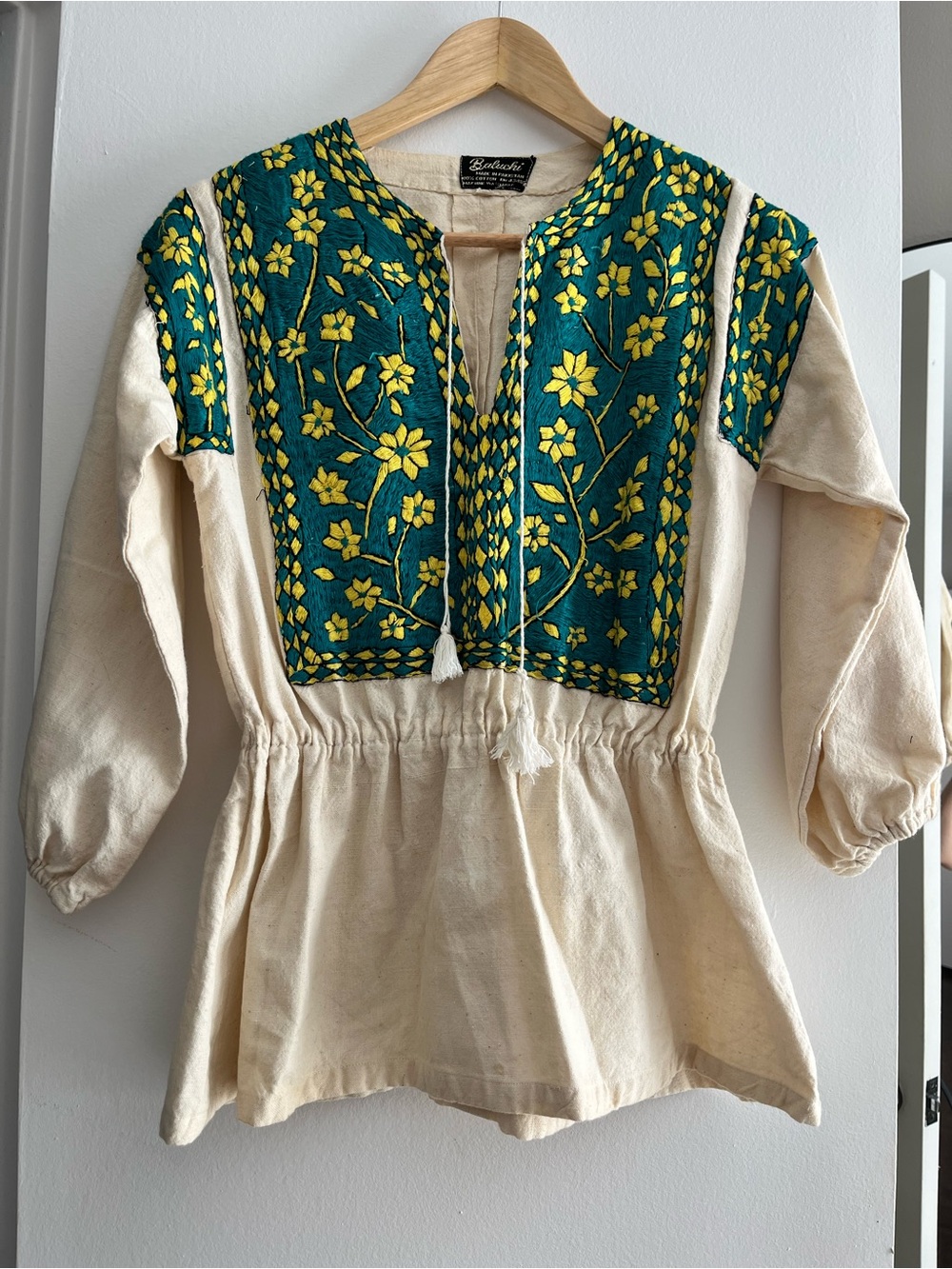 Hand-Embroidered Cream Peasant Top with Teal & Yellow Yoke